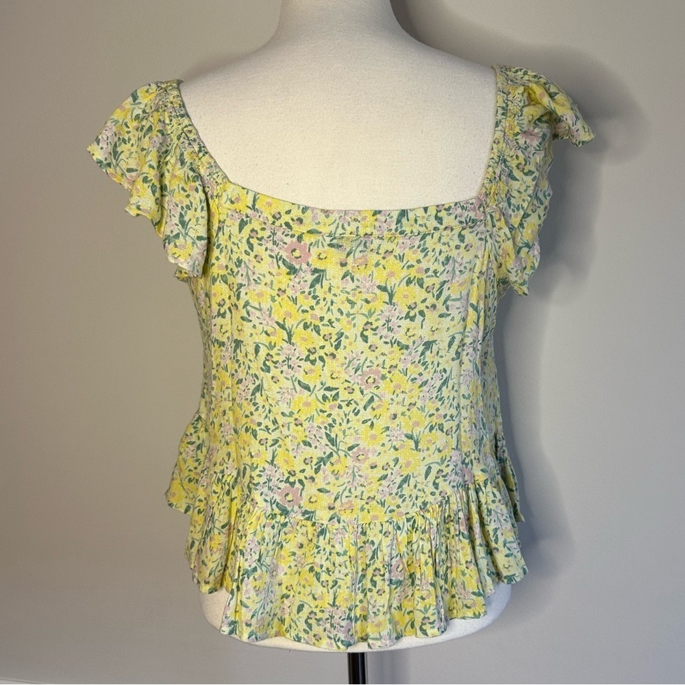 Lucky Brand Blouse Boho Floral Flutter Sleeve Yellow, Size S, EUC - Picture 2 of 5